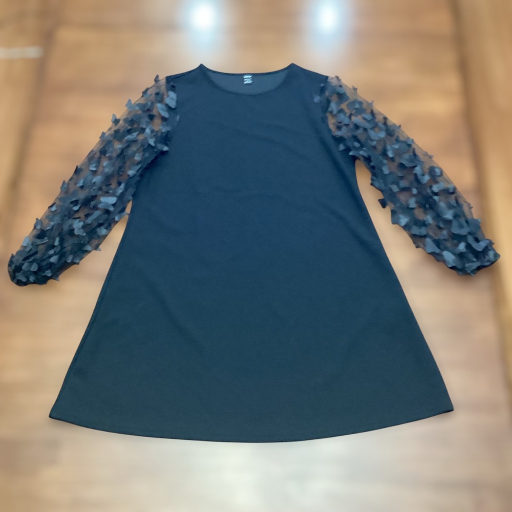 SHEIN Black A-Line Mini Dress 3D Butterfly Mesh Long Sleeve Size L